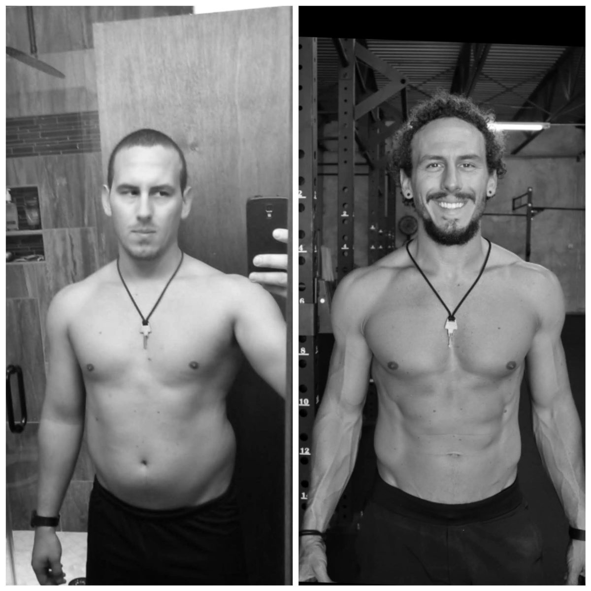 me on the left before i decided to stop using a scale and on the right is a smiling man who decided to stop using a scale and is shirtless and more muscular